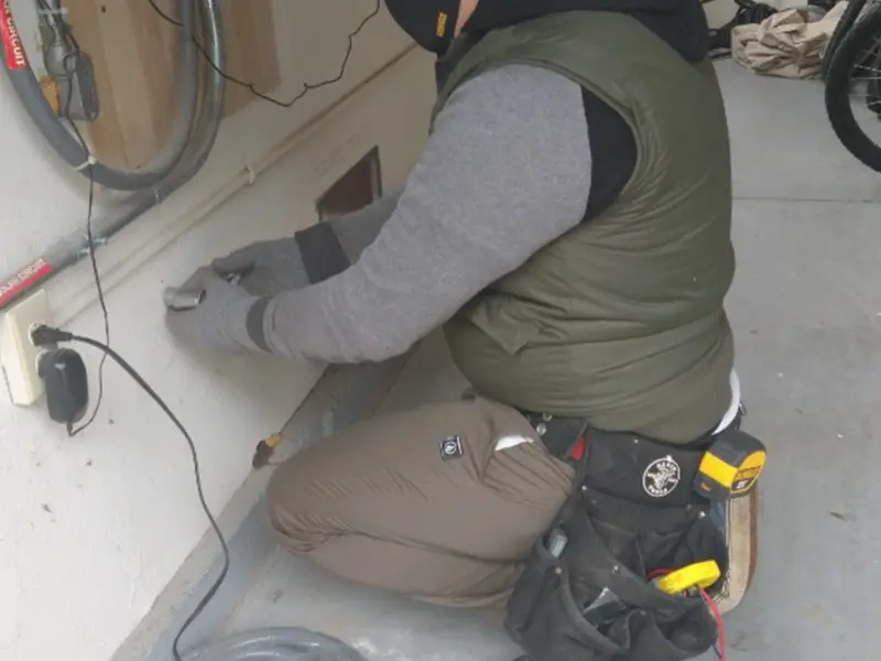 Electrician performing outlet wiring in a Jenkins garage
